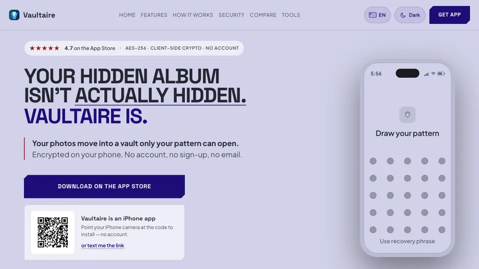 Screenshot of Vaultaire homepage, captured 2026-10-19