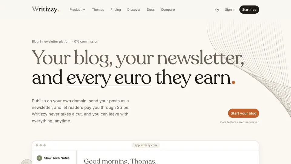 Screenshot of Writizzy homepage, captured 2026-10-19