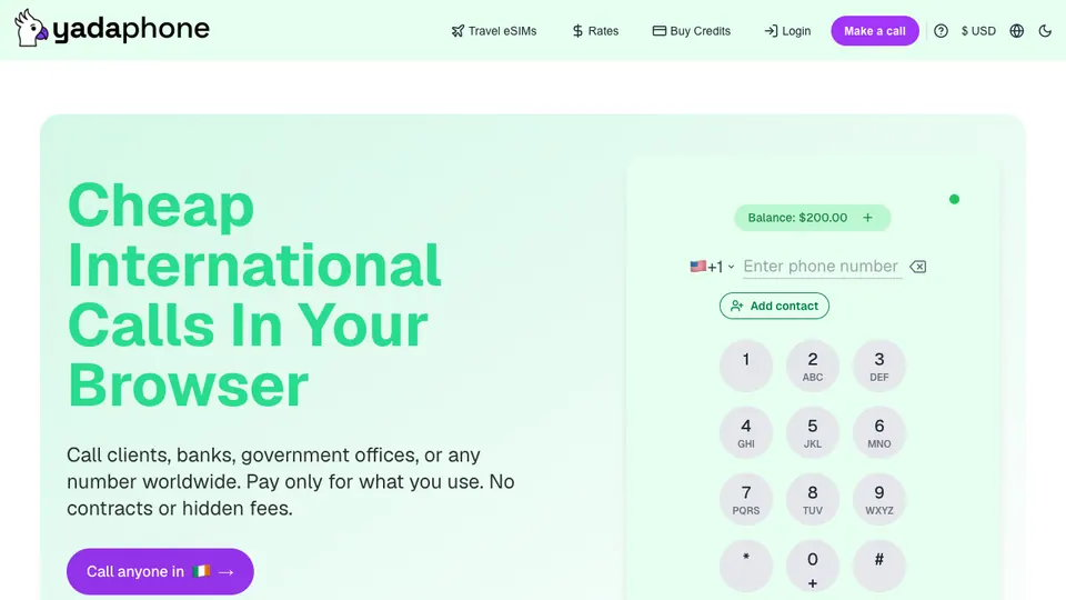 Screenshot of Yadaphone homepage, captured 2026-10-19
